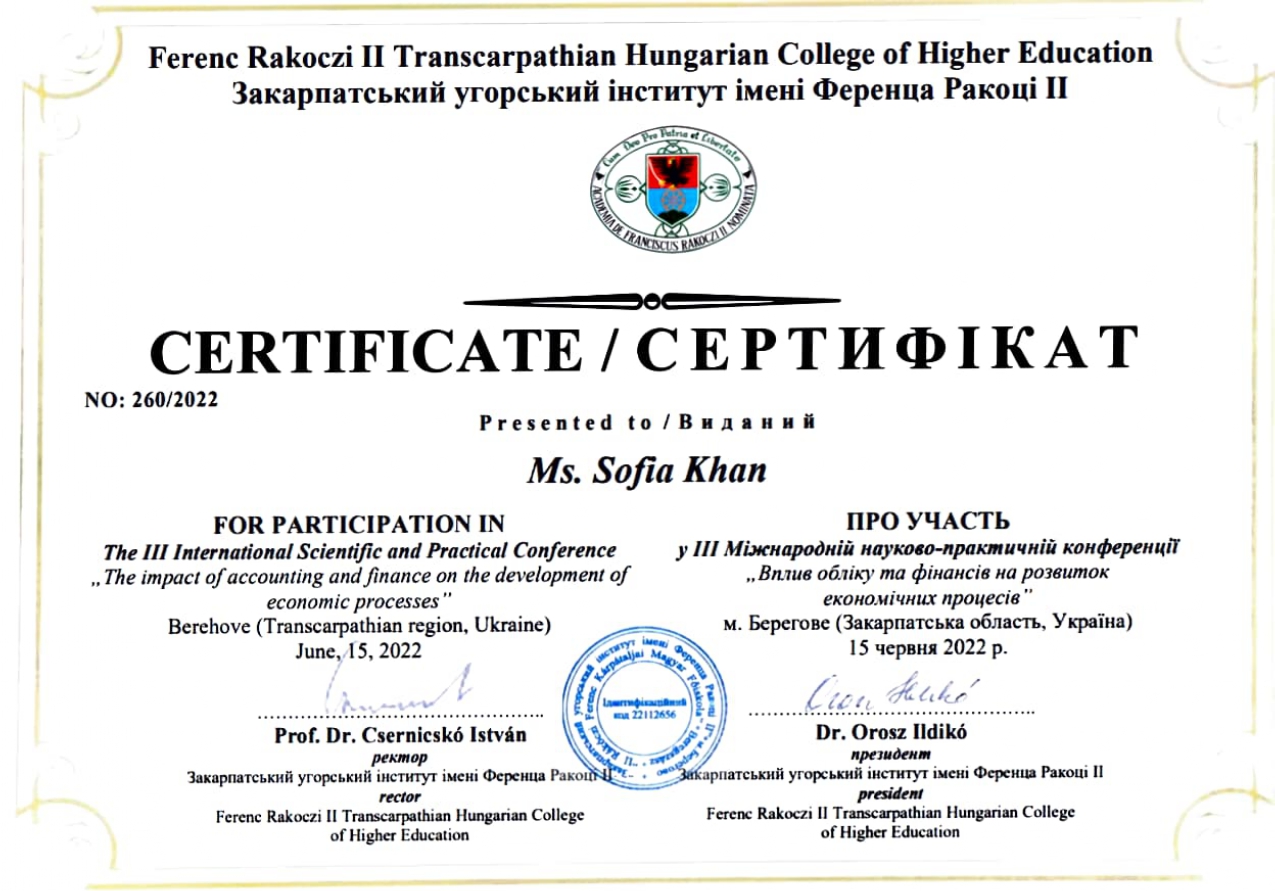Certificate for III International Scientific Conference on Accounting & Economic Processes in Berehove, Ukraine in June 2022
